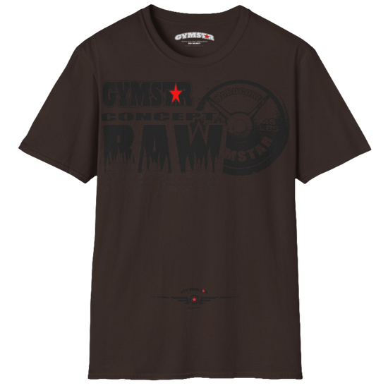 A  brown Gymstar t-shirt with a graphic print Raw Concept and a barbell in the center, designed for fitness and sports. Front  view.