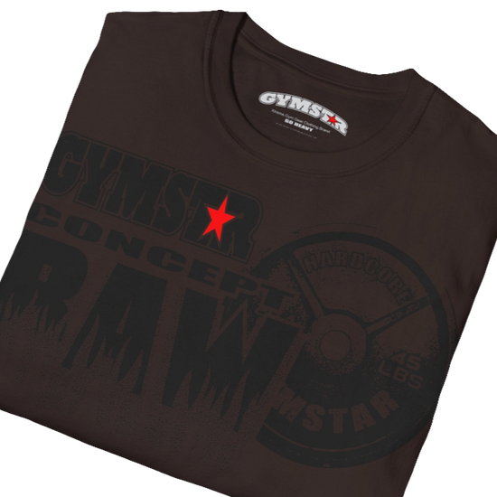 A  brown Gymstar t-shirt with a graphic print Raw Concept and a barbell in the center, designed for fitness and sports. Front  close up view.