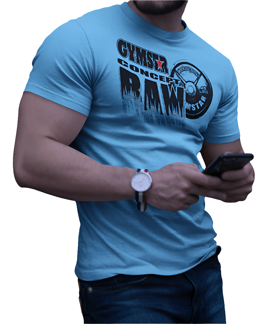 A man wearing blue Gymstar t-shirt with a graphic print Raw Concept and a barbell in the center, designed for fitness and sports. Front view.