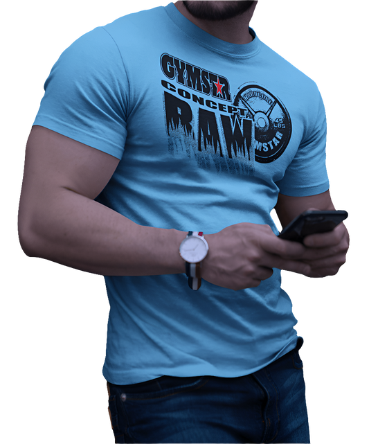 A man wearing blue Gymstar t-shirt with a graphic print Raw Concept and a barbell in the center, designed for fitness and sports. Front view.