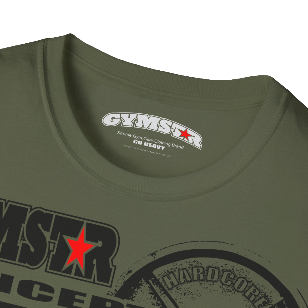 A military green Gymstar t-shirt with a graphic print Raw Concept and a barbell in the center, designed for fitness and sports. Front logo close up view.