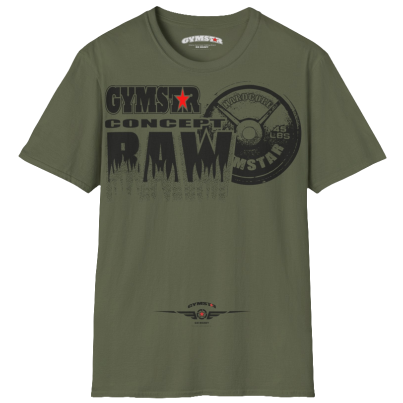 A military green Gymstar t-shirt with a graphic print Raw Concept and a barbell in the center, designed for fitness and sports. Front  view.