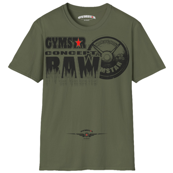A military green Gymstar t-shirt with a graphic print Raw Concept and a barbell in the center, designed for fitness and sports. Front  view.