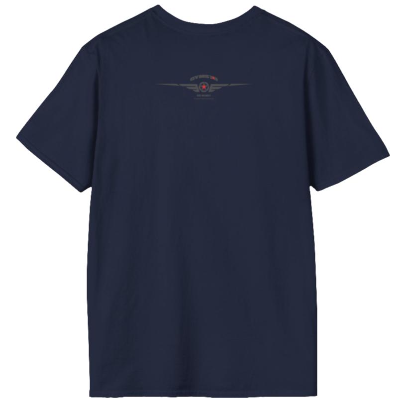 A  navy blue Gymstar t-shirt with a graphic print Raw Concept and a barbell in the center, designed for fitness and sports. Rear logo close up view.