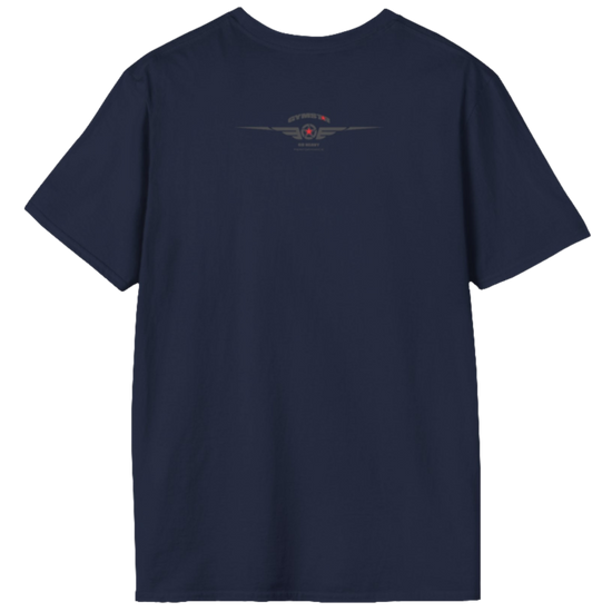 A  navy blue Gymstar t-shirt with a graphic print Raw Concept and a barbell in the center, designed for fitness and sports. Rear logo close up view.