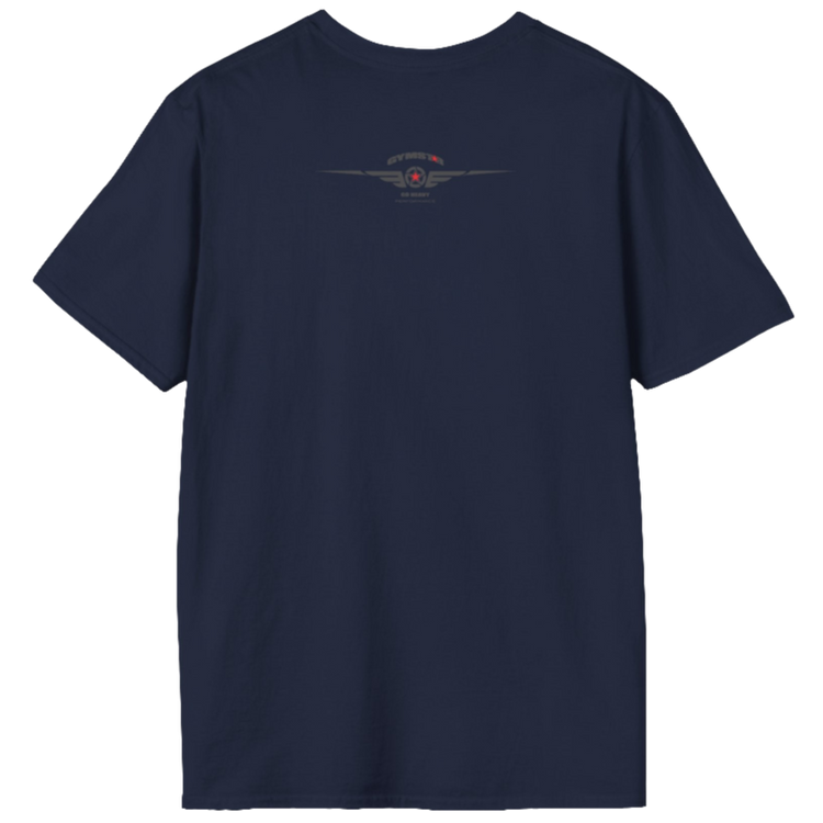 A  navy blue Gymstar t-shirt with a graphic print Raw Concept and a barbell in the center, designed for fitness and sports. Rear logo close up view.