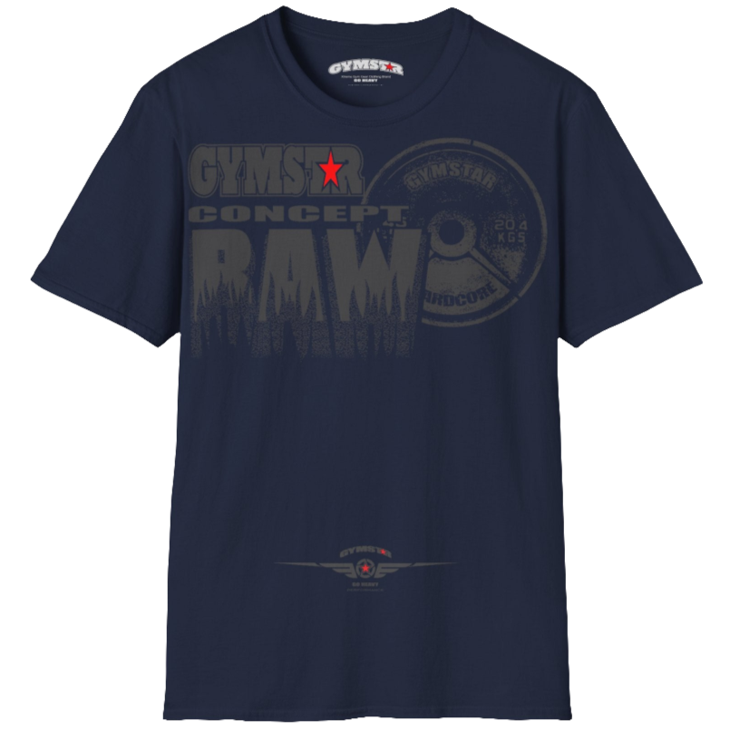 A  navy blue Gymstar t-shirt with a graphic print Raw Concept and a barbell in the center, designed for fitness and sports. Front logo close up view.