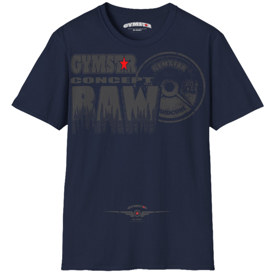 A  navy blue Gymstar t-shirt with a graphic print Raw Concept and a barbell in the center, designed for fitness and sports. Front logo close up view.