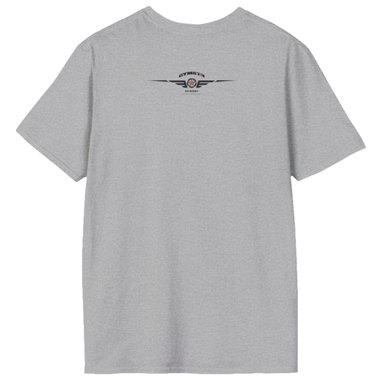 A  Silver grey Gymstar t-shirt with a graphic print Raw Concept and a barbell in the center, designed for fitness and sports. Rear view.