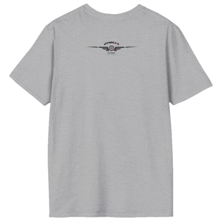 A  Silver grey Gymstar t-shirt with a graphic print Raw Concept and a barbell in the center, designed for fitness and sports. Rear view.