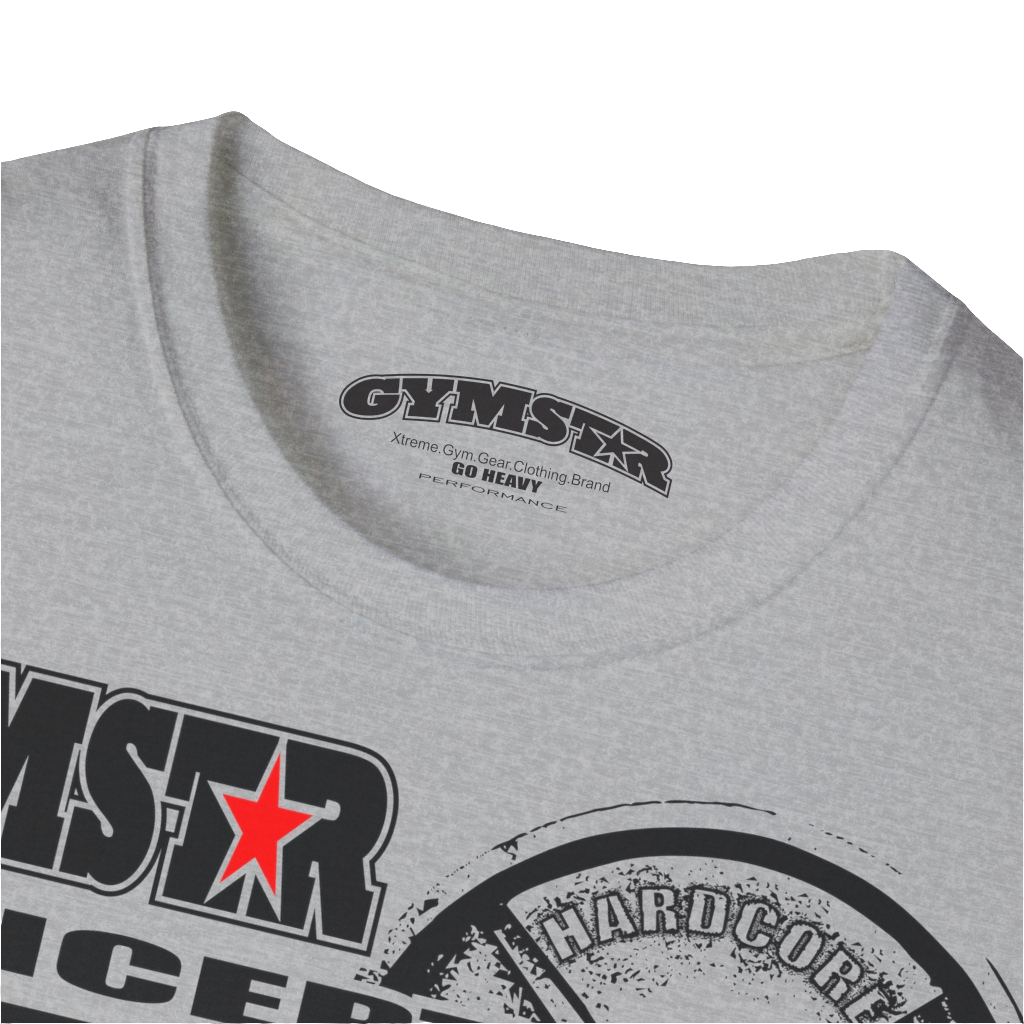 A  Silver grey Gymstar t-shirt with a graphic print Raw Concept and a barbell in the center, designed for fitness and sports. Front logo close up view.