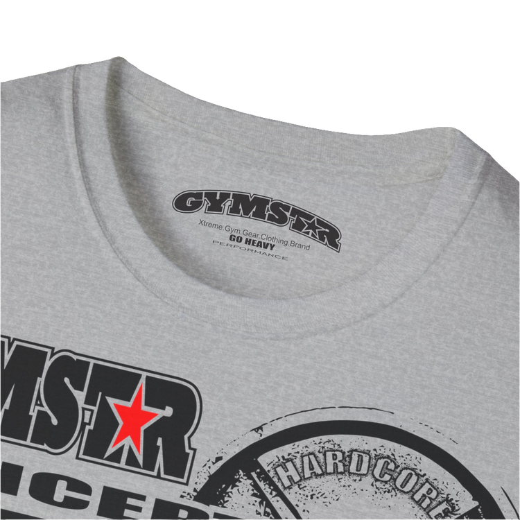 A  Silver grey Gymstar t-shirt with a graphic print Raw Concept and a barbell in the center, designed for fitness and sports. Front logo close up view.