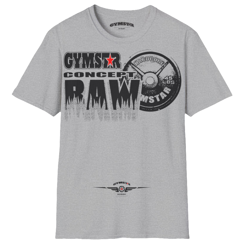 A  Silver grey Gymstar t-shirt with a graphic print Raw Concept and a barbell in the center, designed for fitness and sports. Front  view.