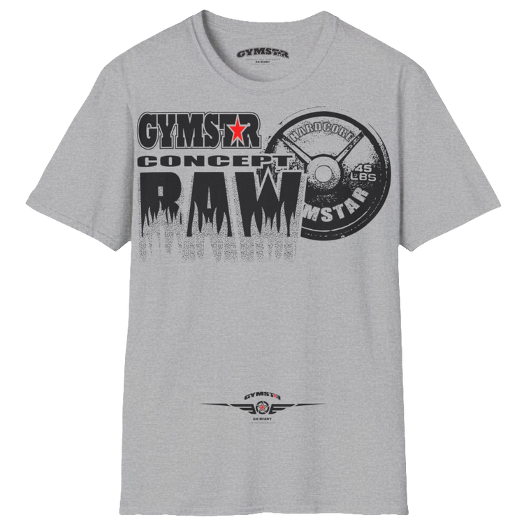 A  Silver grey Gymstar t-shirt with a graphic print Raw Concept and a barbell in the center, designed for fitness and sports. Front  view.