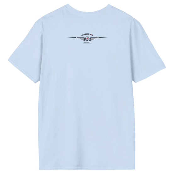 A  Carolina blue Gymstar t-shirt with a graphic print Raw Concept and a barbell in the center, designed for fitness and sports. Rear view.