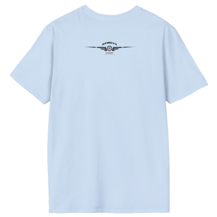 A  Carolina blue Gymstar t-shirt with a graphic print Raw Concept and a barbell in the center, designed for fitness and sports. Rear view.
