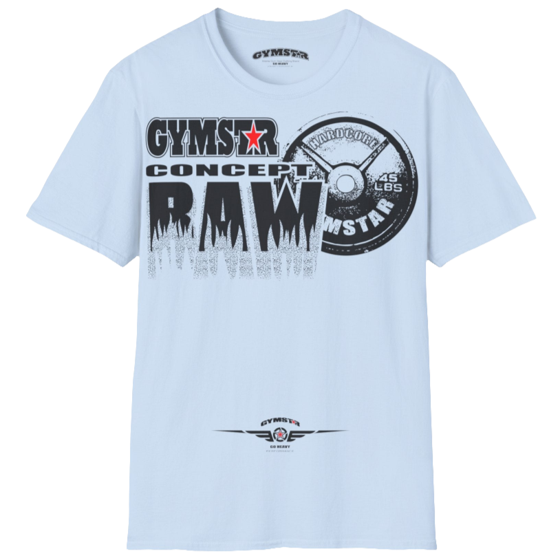 A  Carolina b Gymstar t-shirt with a graphic print Raw Concept and a barbell in the center, designed for fitness and sports. Front  view.