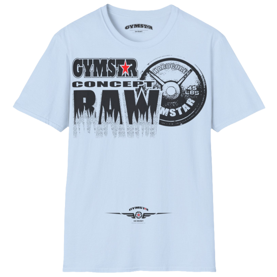 A  Carolina b Gymstar t-shirt with a graphic print Raw Concept and a barbell in the center, designed for fitness and sports. Front  view.