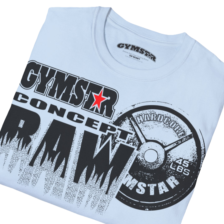 A  Carolina blue Gymstar t-shirt with a graphic print Raw Concept and a barbell in the center, designed for fitness and sports. Front  close up view.