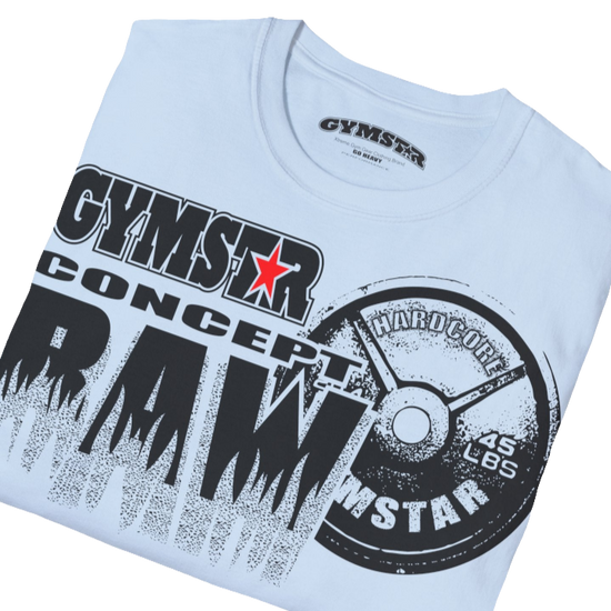 A  Carolina blue Gymstar t-shirt with a graphic print Raw Concept and a barbell in the center, designed for fitness and sports. Front  close up view.