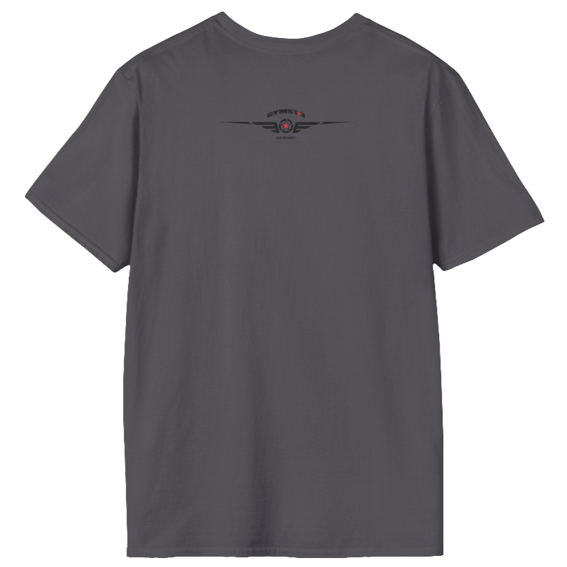 A  sport grey Gymstar t-shirt with a graphic print Raw Concept and a barbell in the center, designed for fitness and sports.  Rear view.