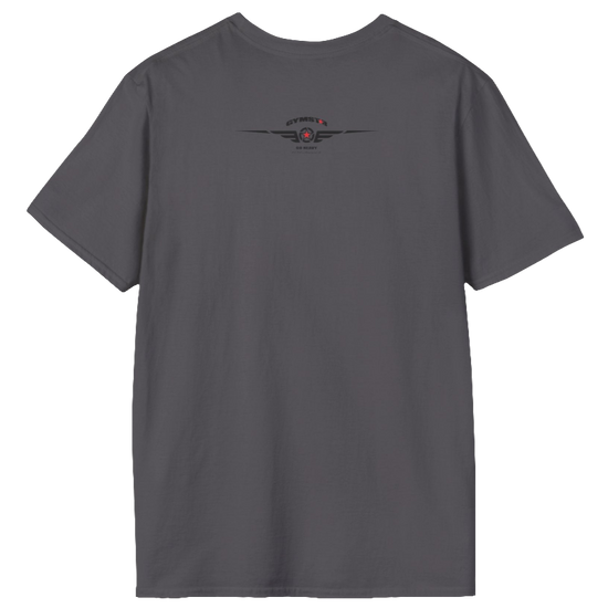 A  sport grey Gymstar t-shirt with a graphic print Raw Concept and a barbell in the center, designed for fitness and sports.  Rear view.