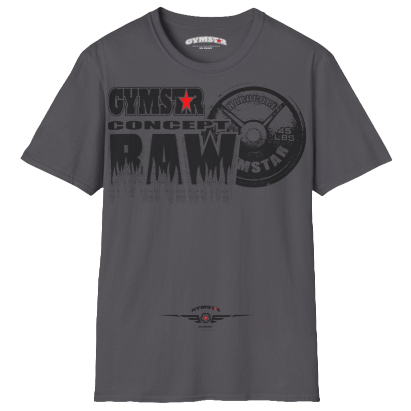 A  sport grey Gymstar t-shirt with a graphic print Raw Concept and a barbell in the center, designed for fitness and sports. Front  view.