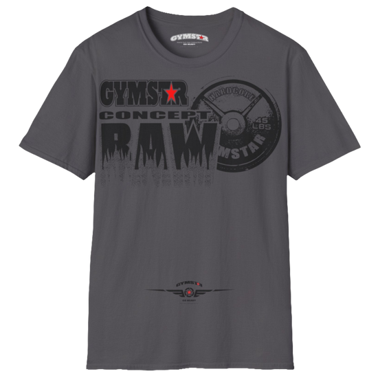A  sport grey Gymstar t-shirt with a graphic print Raw Concept and a barbell in the center, designed for fitness and sports. Front  view.