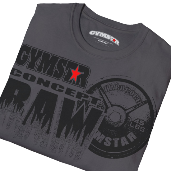 A  sport grey Gymstar t-shirt with a graphic print Raw Concept and a barbell in the center, designed for fitness and sports. Front  close up view.