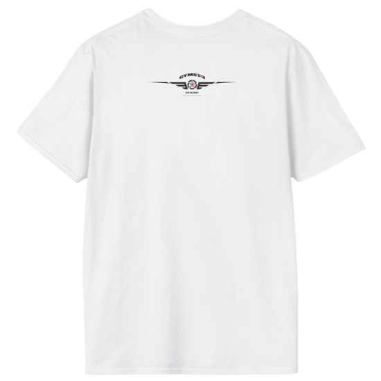 A  White Gymstar t-shirt with a graphic print Raw Concept and a barbell in the center, designed for fitness and sports. Rear view.