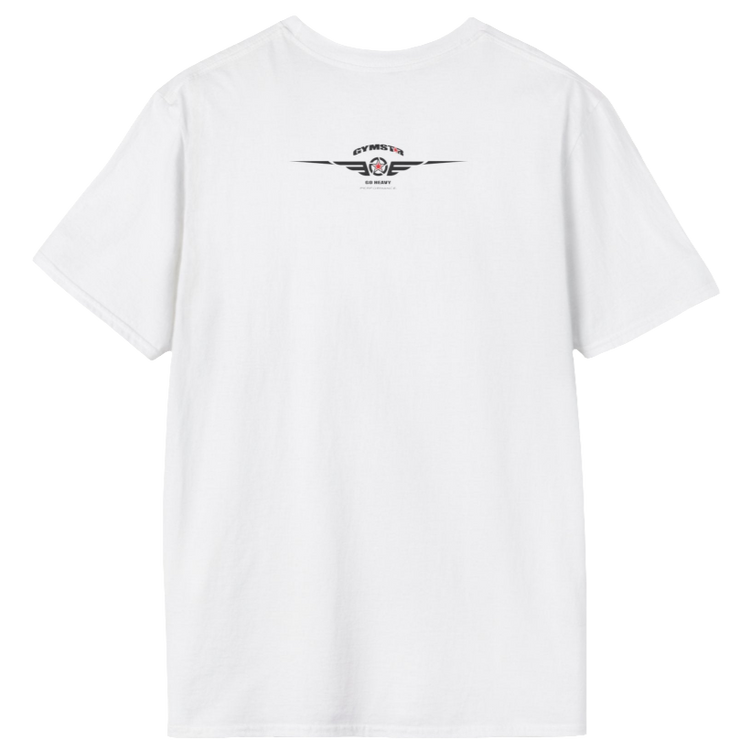 A  White Gymstar t-shirt with a graphic print Raw Concept and a barbell in the center, designed for fitness and sports. Rear view.