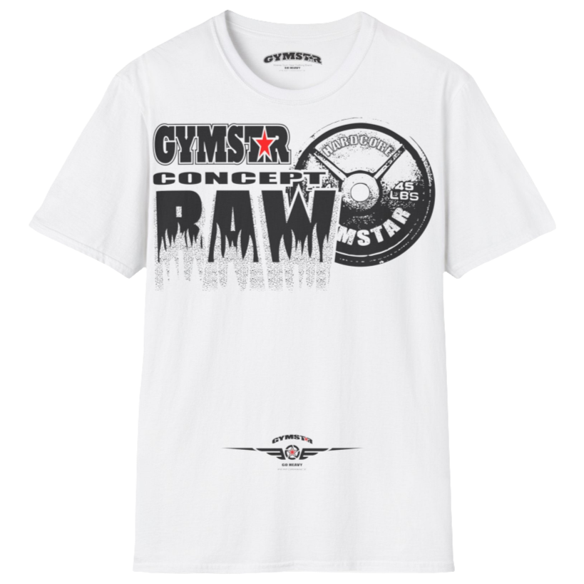 A  White Gymstar t-shirt with a graphic print Raw Concept and a barbell in the center, designed for fitness and sports. Front  view.