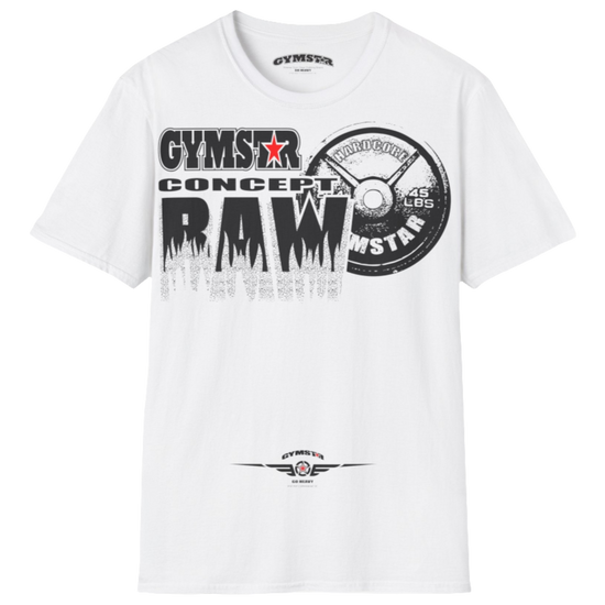 A  White Gymstar t-shirt with a graphic print Raw Concept and a barbell in the center, designed for fitness and sports. Front  view.