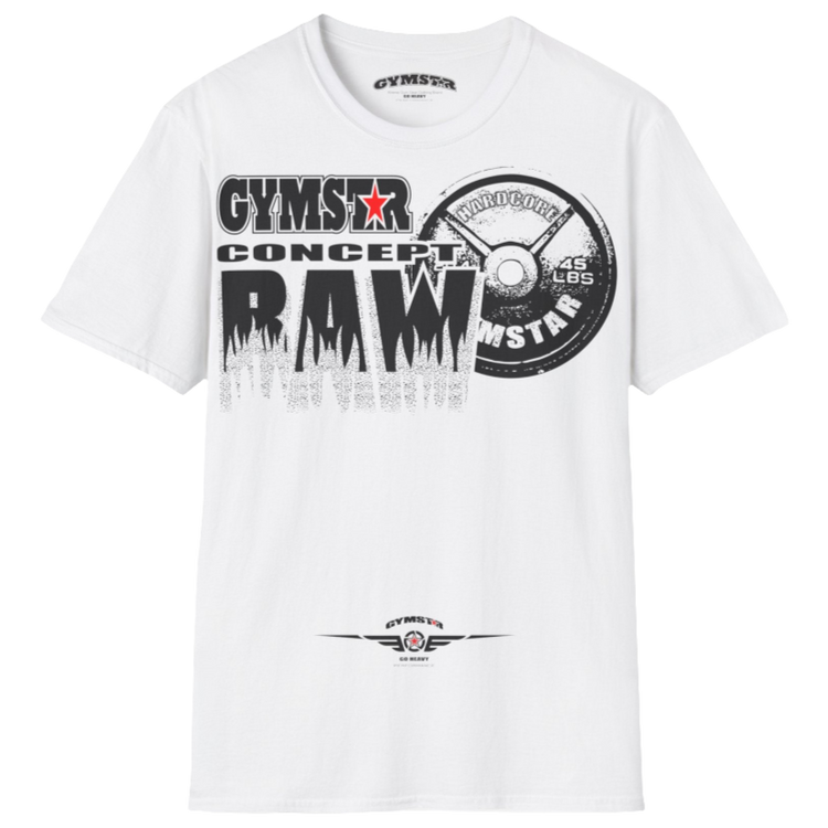 A  White Gymstar t-shirt with a graphic print Raw Concept and a barbell in the center, designed for fitness and sports. Front  view.