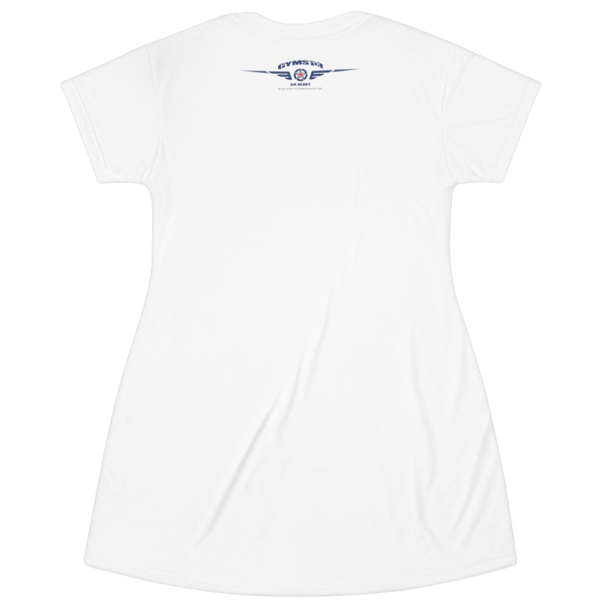 A white Gymstar short-sleeved graphic tee with a small logo on the back.