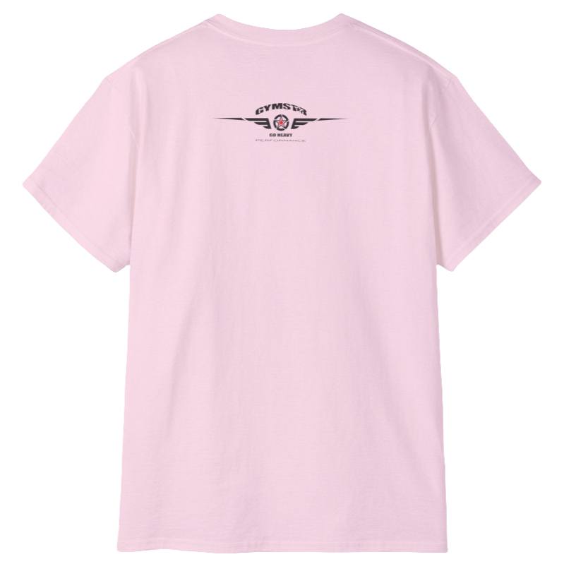 A pink Gymstar tee with a red, blue and black graphic that reads 'Sons Of Iron', skull-kettlebell, barbell and logo, presumably bodybulding or fitness. Rear view.