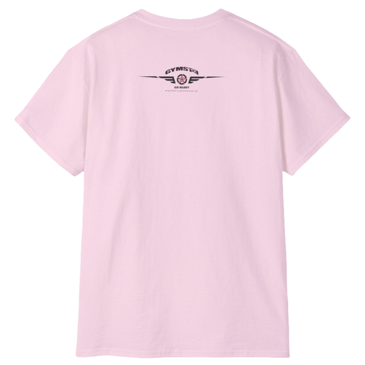 A pink Gymstar tee with a red, blue and black graphic that reads 'Sons Of Iron', skull-kettlebell, barbell and logo, presumably bodybulding or fitness. Rear view.