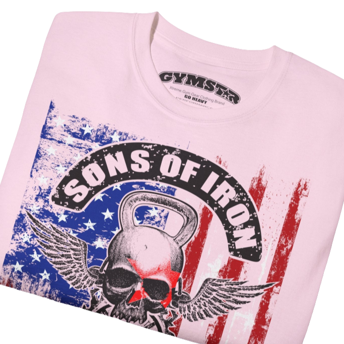A pink Gymstar tee with a red, blue and black graphic that reads 'Sons Of Iron', skull-kettlebell, barbell and logo, presumably bodybulding or fitness.  Close up view.