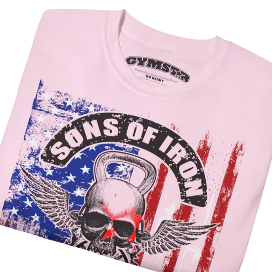 A pink Gymstar tee with a red, blue and black graphic that reads 'Sons Of Iron', skull-kettlebell, barbell and logo, presumably bodybulding or fitness.  Close up view.