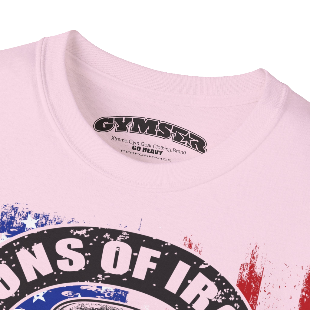 A pink Gymstar tee with a red, blue and black graphic that reads 'Sons Of Iron', skull-kettlebell, barbell and logo, presumably bodybulding or fitness.  Logo Close up view.