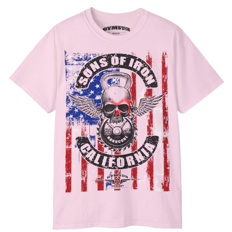 A pink Gymstar tee with a red, blue and black graphic that reads 'Sons Of Iron', skull-kettlebell, barbell and logo, presumably bodybulding or fitness. 