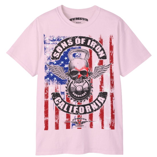A pink Gymstar tee with a red, blue and black graphic that reads 'Sons Of Iron', skull-kettlebell, barbell and logo, presumably bodybulding or fitness. 