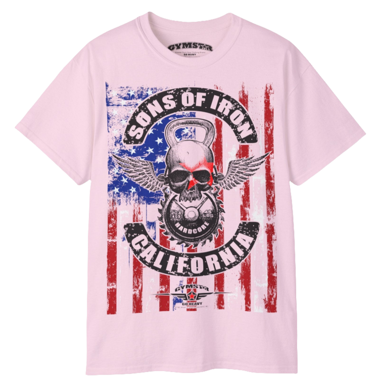 A pink Gymstar tee with a red, blue and black graphic that reads 'Sons Of Iron', skull-kettlebell, barbell and logo, presumably bodybulding or fitness. 