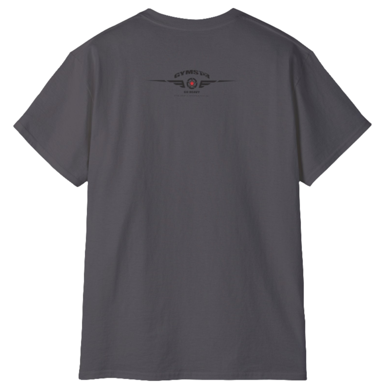 A sport grey Gymstar tee with a red, blue and black graphic that reads 'Sons Of Iron', skull-kettlebell, barbell and logo, presumably bodybulding or fitness. Rear view.