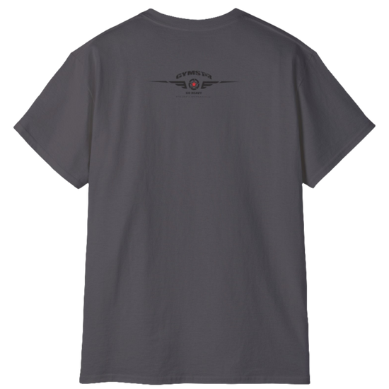 A sport grey Gymstar tee with a red, blue and black graphic that reads 'Sons Of Iron', skull-kettlebell, barbell and logo, presumably bodybulding or fitness. Rear view.