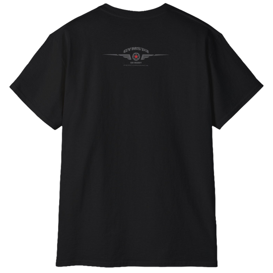 A black Gymstar t-shirt with a graphic print Sons of Iron and a barbell and skull in the center, designed for fitness and sports. Rear view.