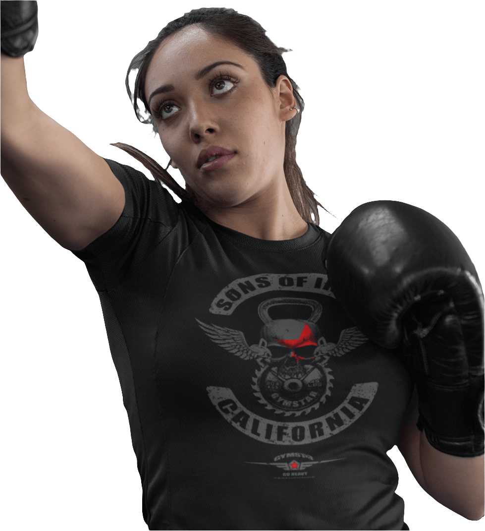 A woman boxer wearing black Gymstar t-shirt with a graphic print Sons of Iron and a barbell in the center, designed for fitness and sports. Front  close up view.