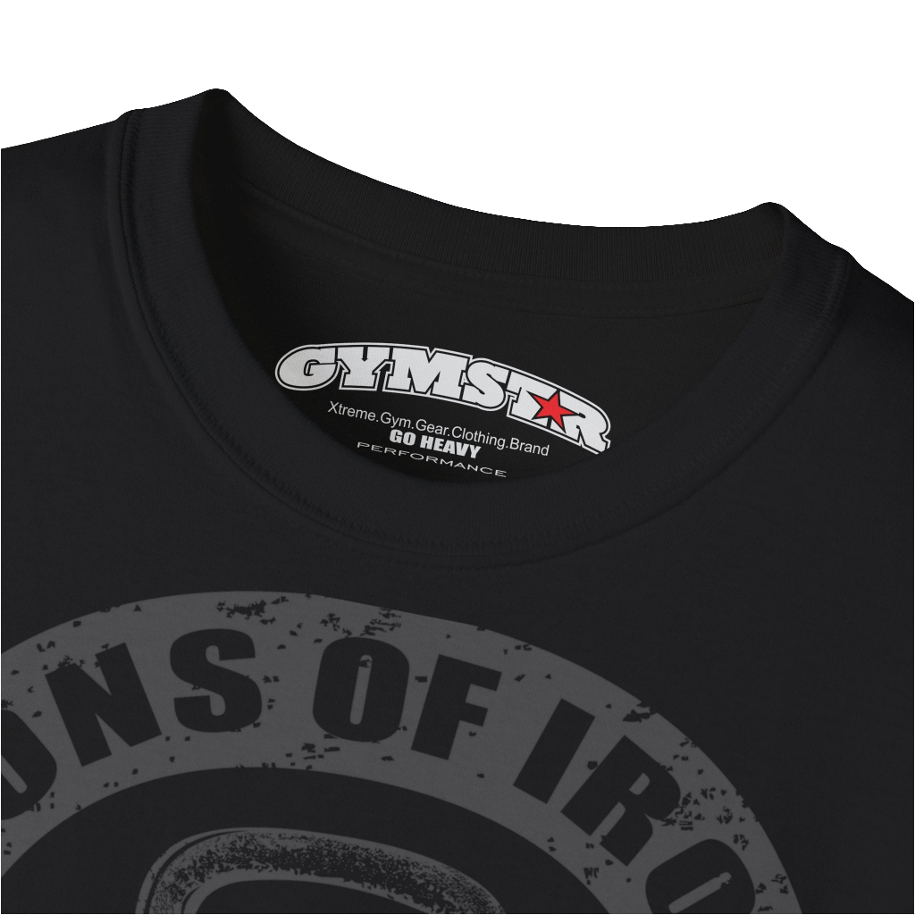 A black Gymstar t-shirt with a graphic print Sons of Iron and a barbell and skull in the center, designed for fitness and sports. Front  logo close up view.