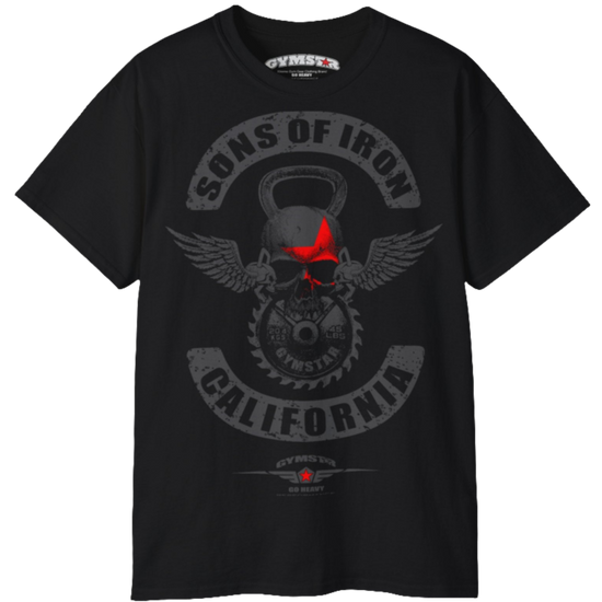 A black Gymstar t-shirt with a graphic print Sons of Iron and a barbell and skull in the center, designed for fitness and sports. Front close up view.
