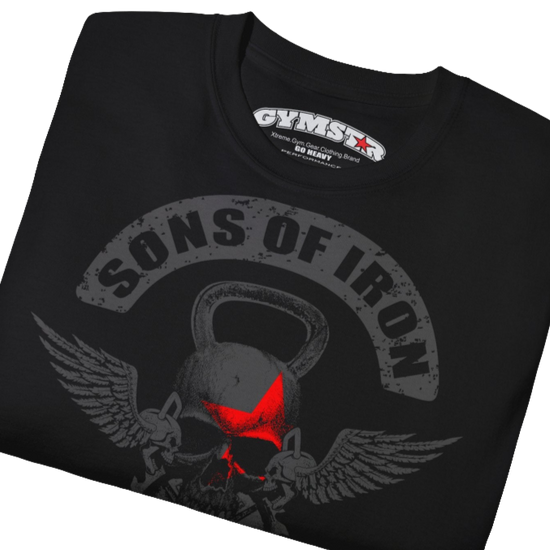A black Gymstar t-shirt with a graphic print Sons of Iron and a barbell and skull in the center, designed for fitness and sports. Front close up view.